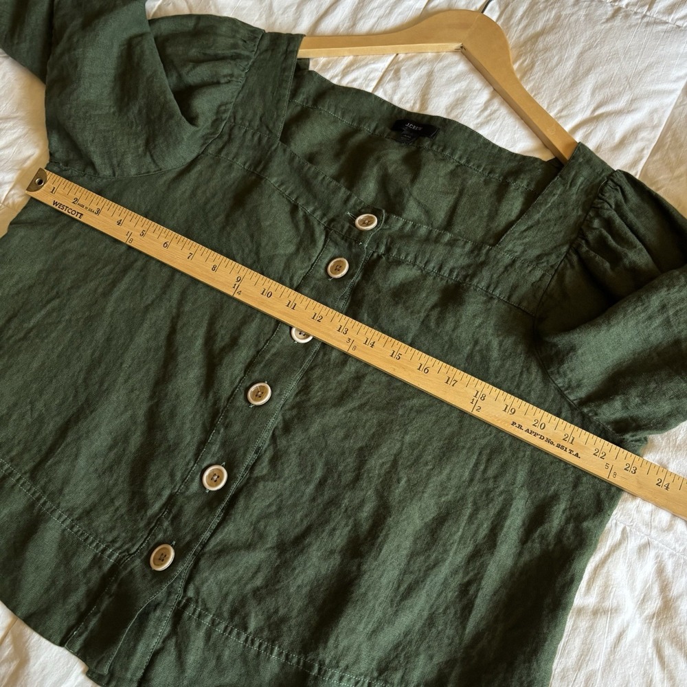 J Crew Square Neck Button Front Balloon Sleeve Linen Top Womens XXL Dark Green - Picture 8 of 14